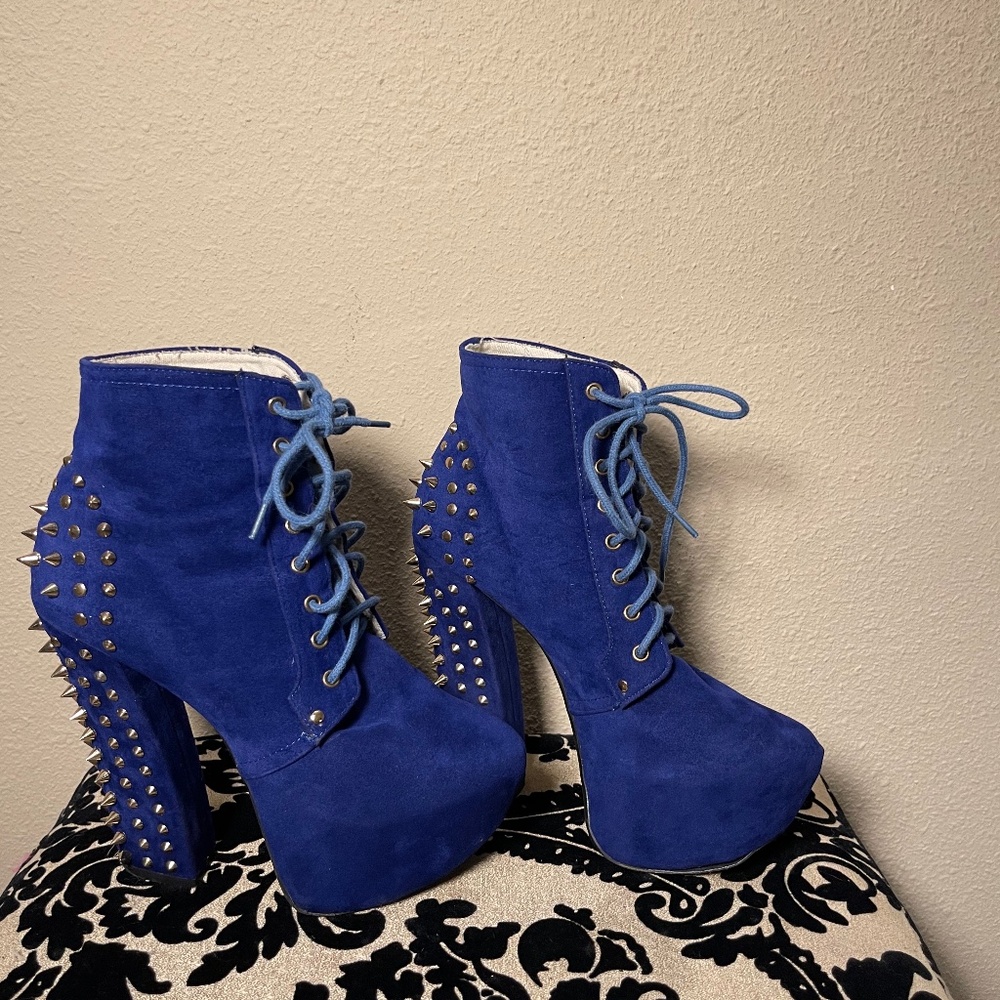 Blue Faux Suede, Platform, Spiked Chunk Heel, Lace-up, Gaga, Ankle Boots